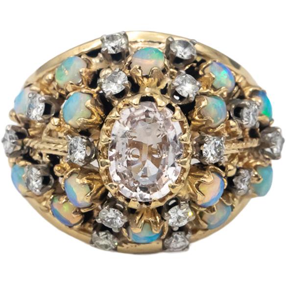 Vintage 14k Gold Pink Sapphire Opal Diamond Cocktail Ring 2.46CT Size 7