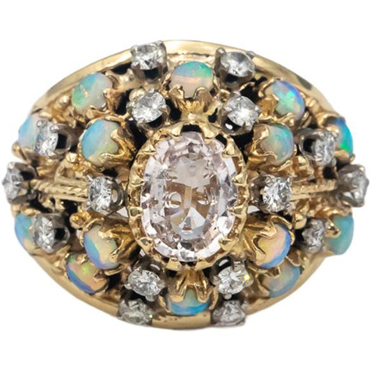 Vintage 14k Gold Pink Sapphire Opal Diamond Cocktail Ring 2.46CT Size 7
