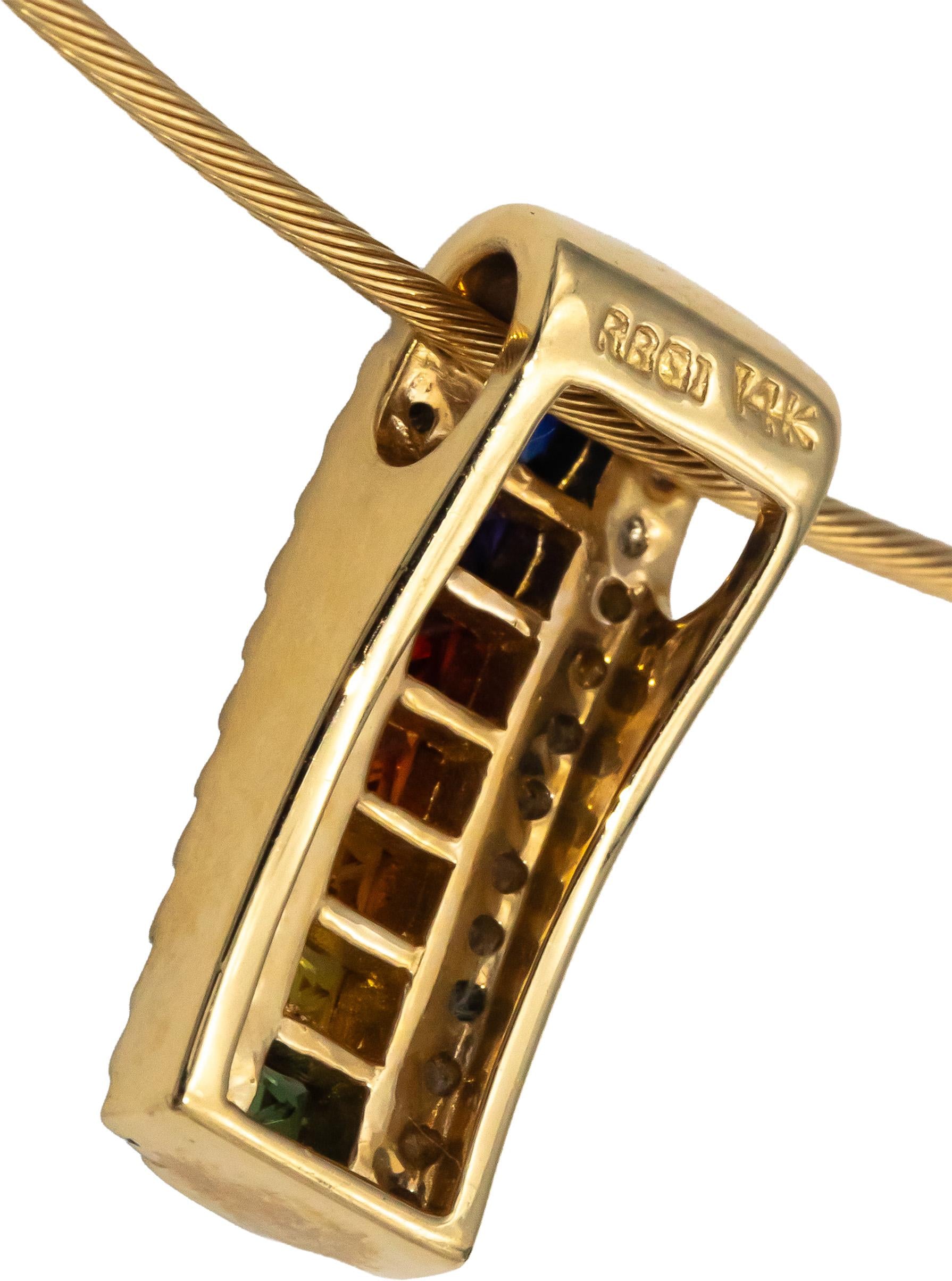 14k Yellow Gold Diamond & Rainbow Sapphire Pendant Cable Necklace 1.05CTW