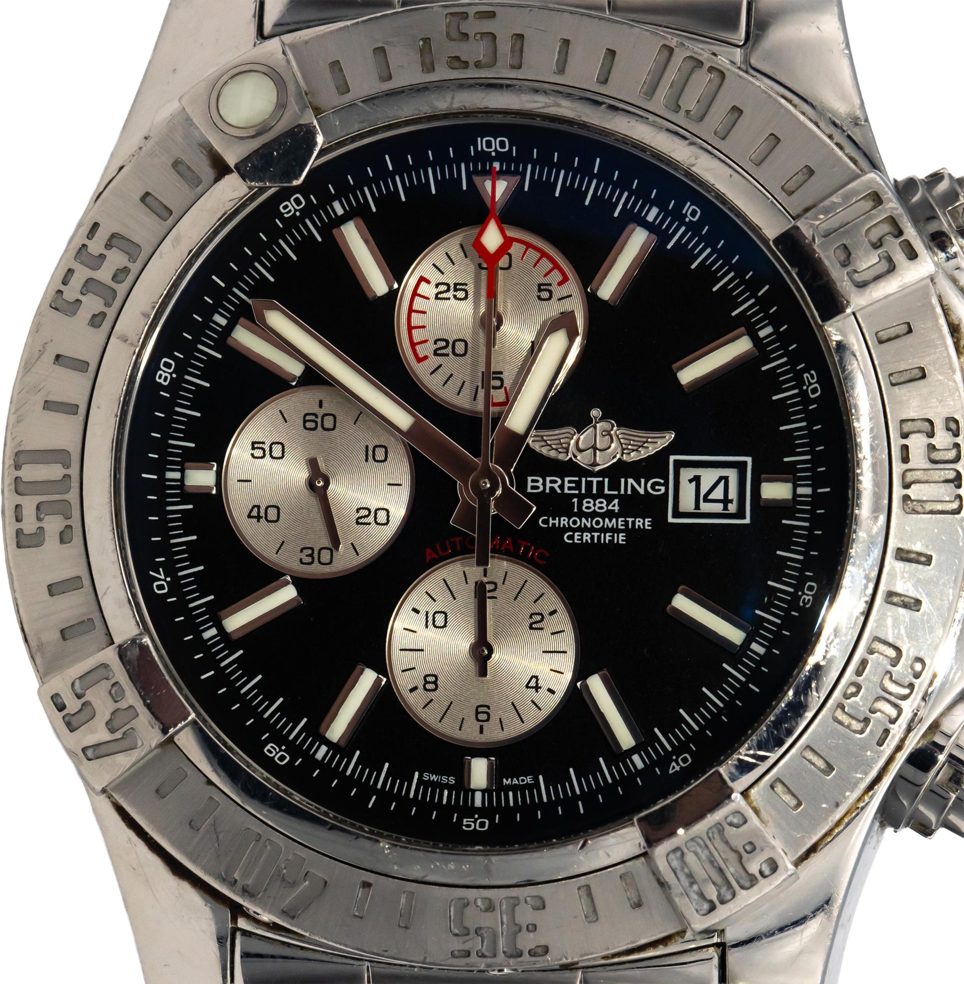 BREITLING Super Avenger II A13371 Stainless Steel Chronograph Watch w Box Papers