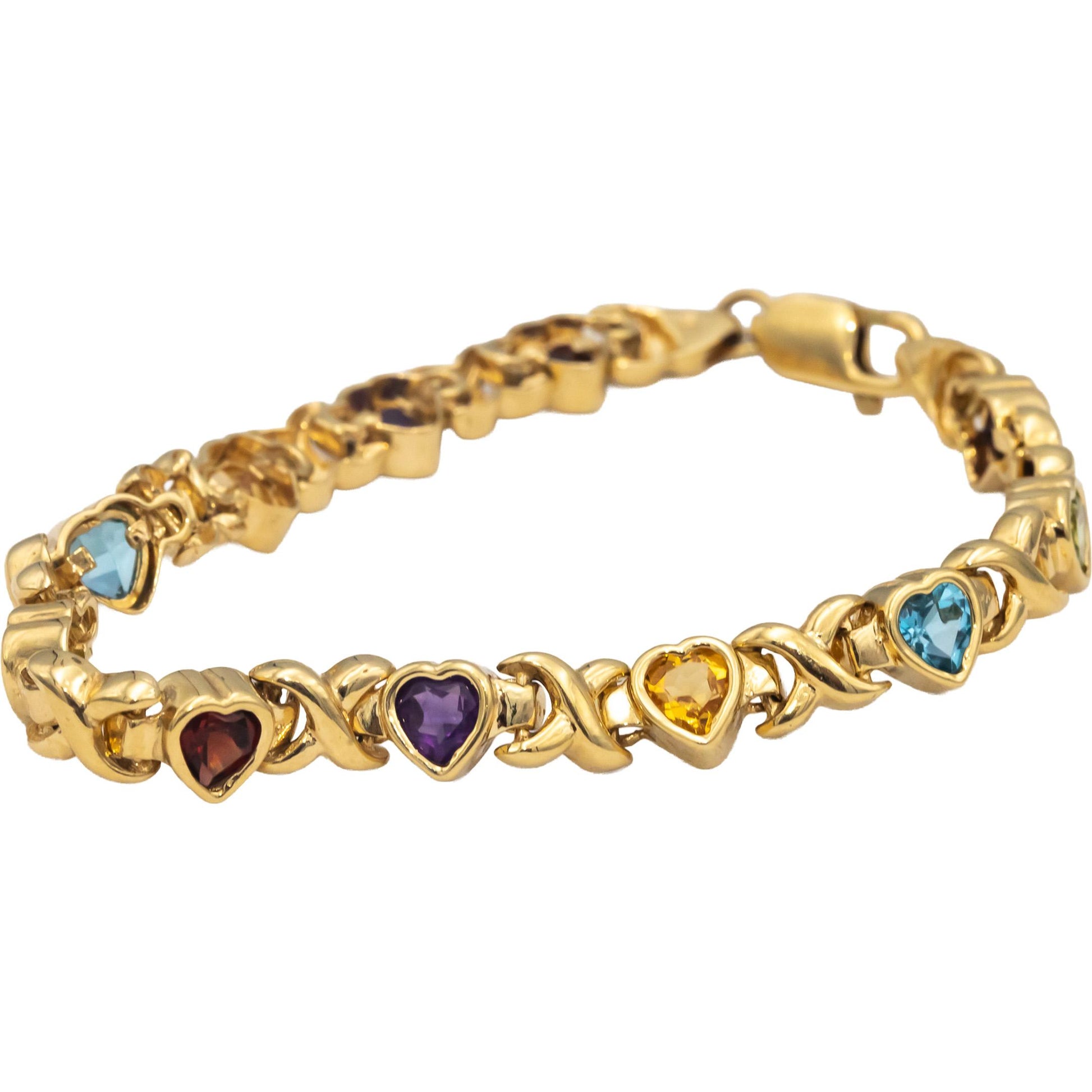 14k Yellow Gold Heart Cut Bezel Set Rainbow Assorted Gemstone Bracelet 7.0CTW