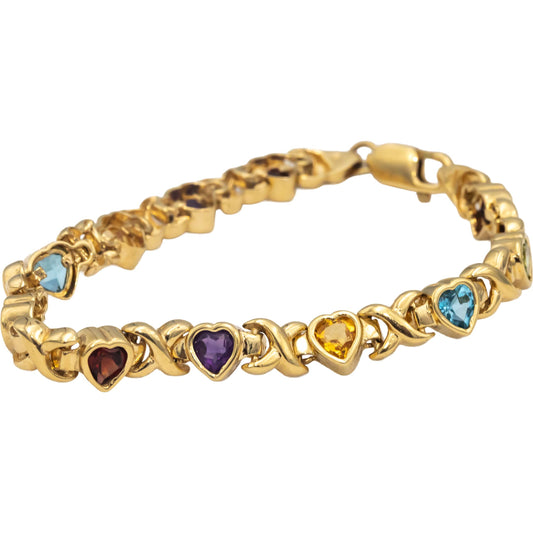 14k Yellow Gold Heart Cut Bezel Set Rainbow Assorted Gemstone Bracelet 7.0CTW