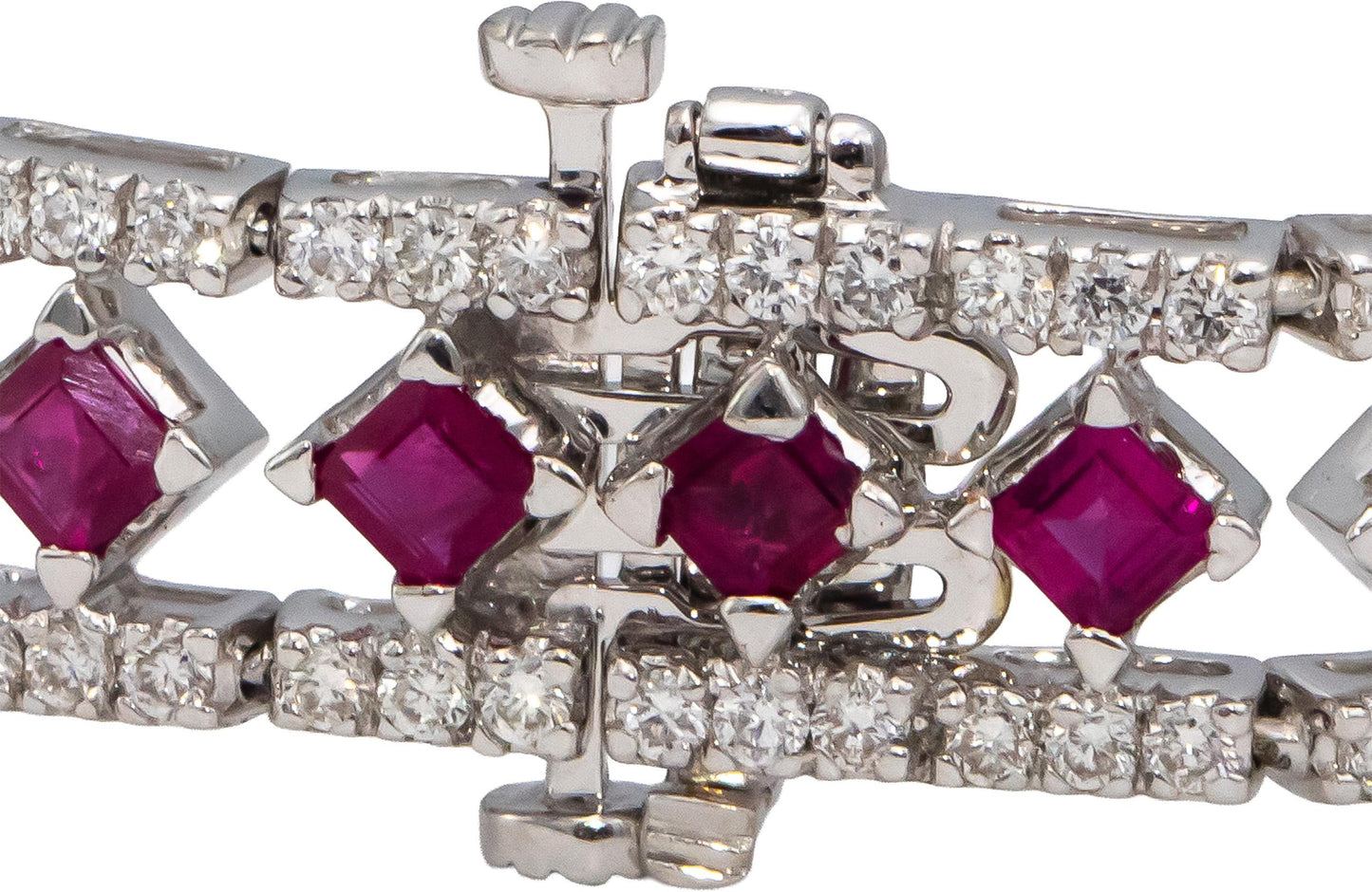 18k White Gold Square Cut Ruby & VS Round Diamond Fancy Link Bracelet 11.09CTW