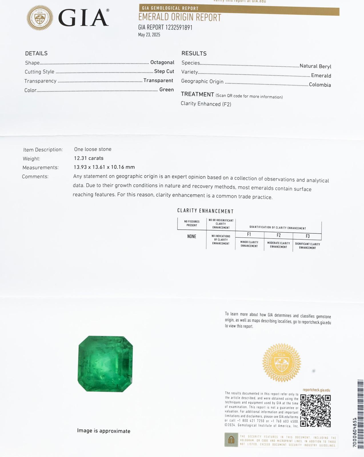 GIA Certified Octagonal Cut Natural Colombian Emerald Loose Gemstone 12.31CT