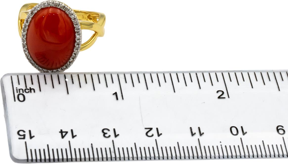 14k Yellow Gold Cabochon Coral Round Diamond Cocktail Ring 0.25CT Size 7