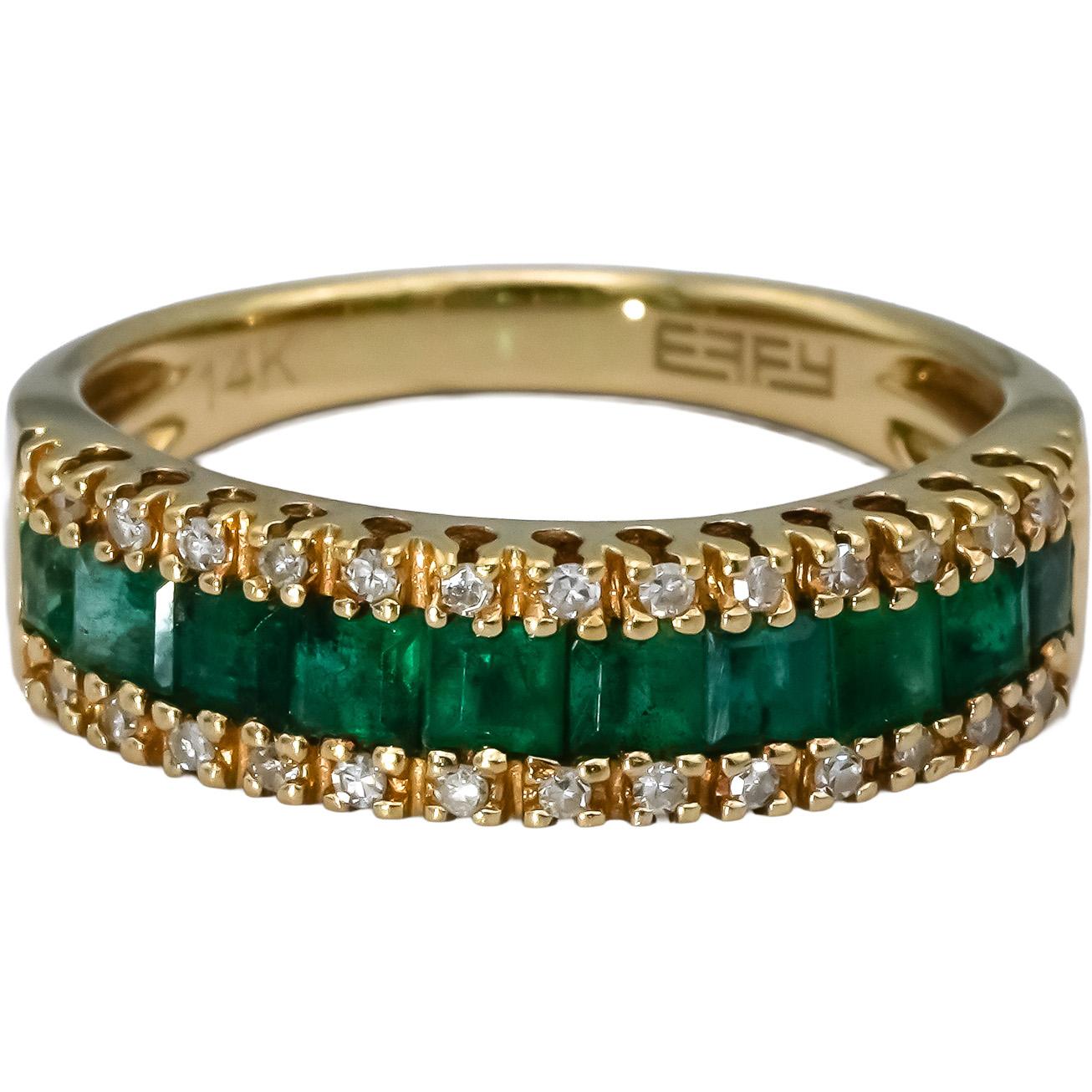 EFFY 14k Yellow Gold Emerald and Diamond Band Ring 0.85CTW Size 7.25