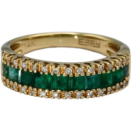 EFFY 14k Yellow Gold Emerald and Diamond Band Ring 0.85CTW Size 7.25