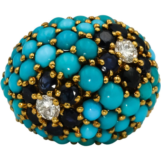 Vintage 18k Yellow Gold VS Diamond Sapphire Turquoise Ring 1.60CT Size 5.5