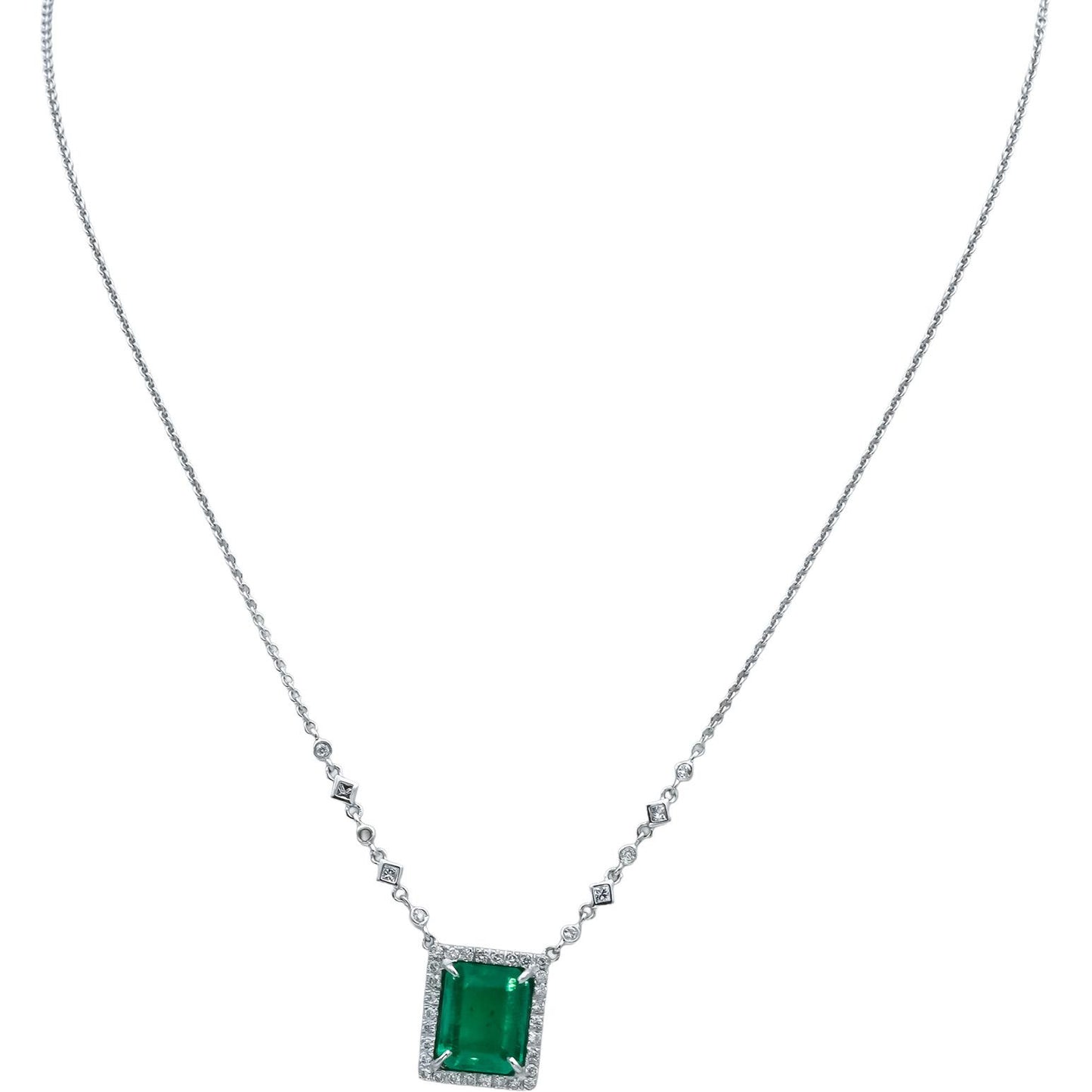 14k White Gold Emerald and Diamond Pendant Necklace 4.59CTW