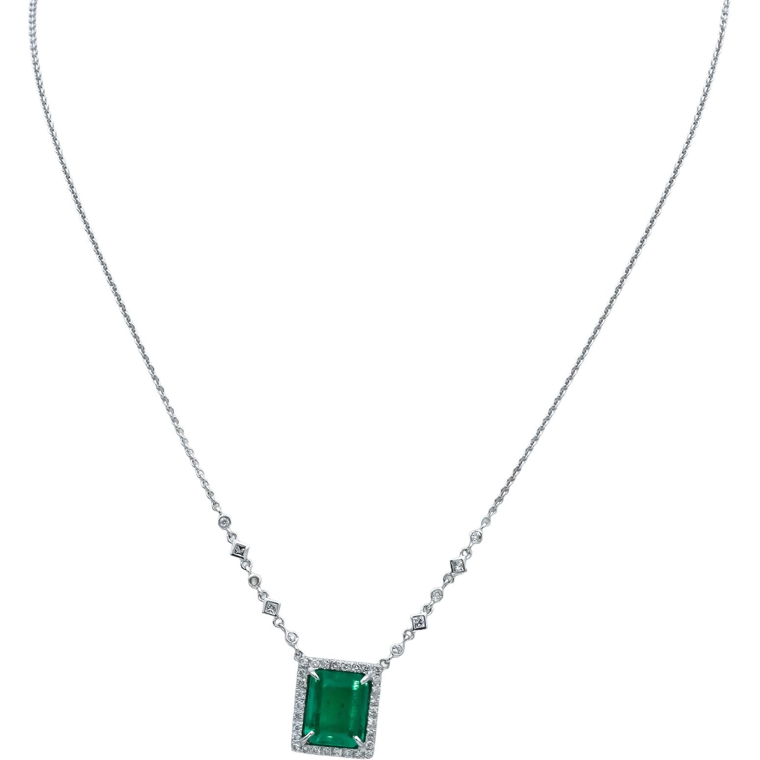 14k White Gold Emerald and Diamond Pendant Necklace 4.59CTW