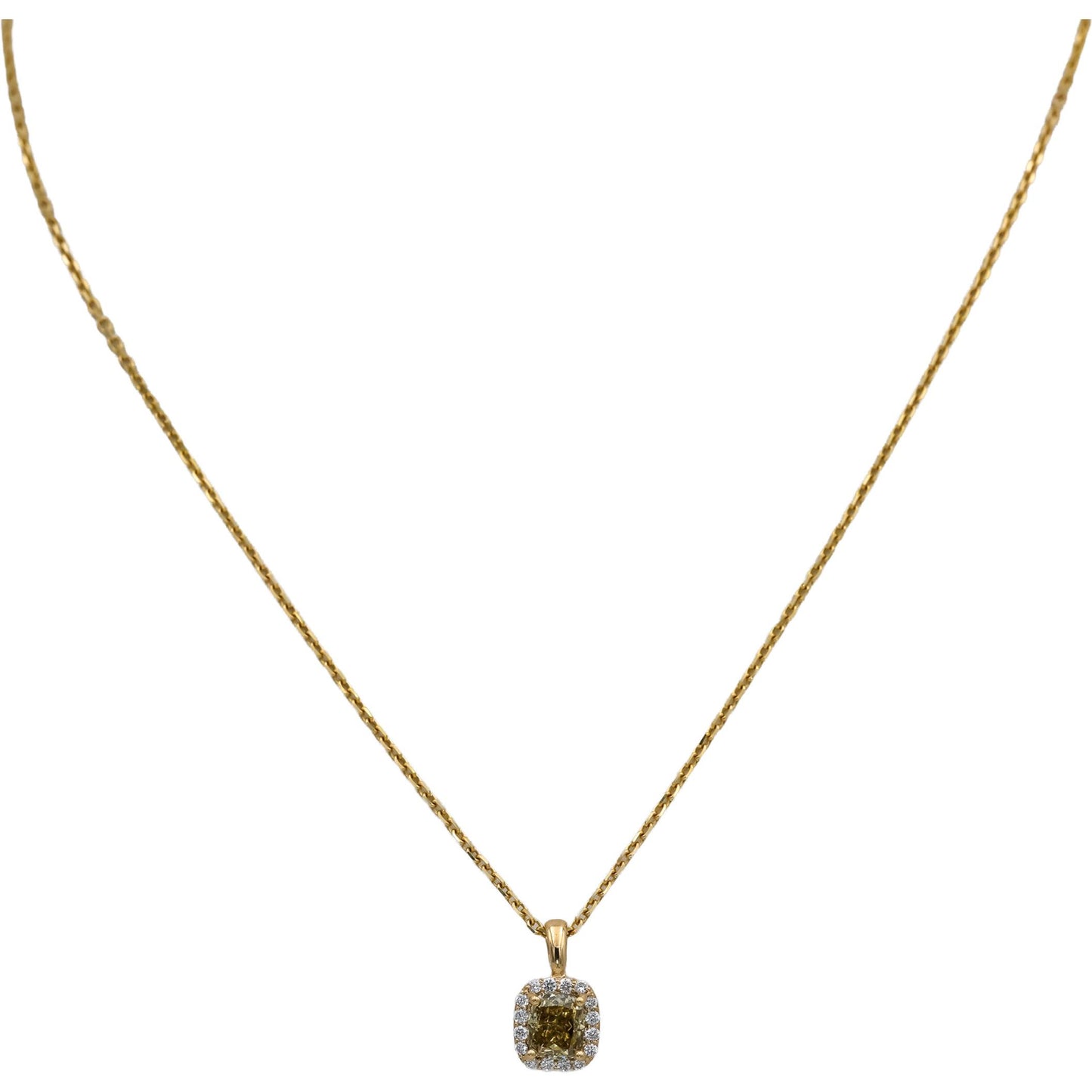 18k & 14k Yellow Gold VS Cushion and Round Diamond Pendant Necklace 1.15CT