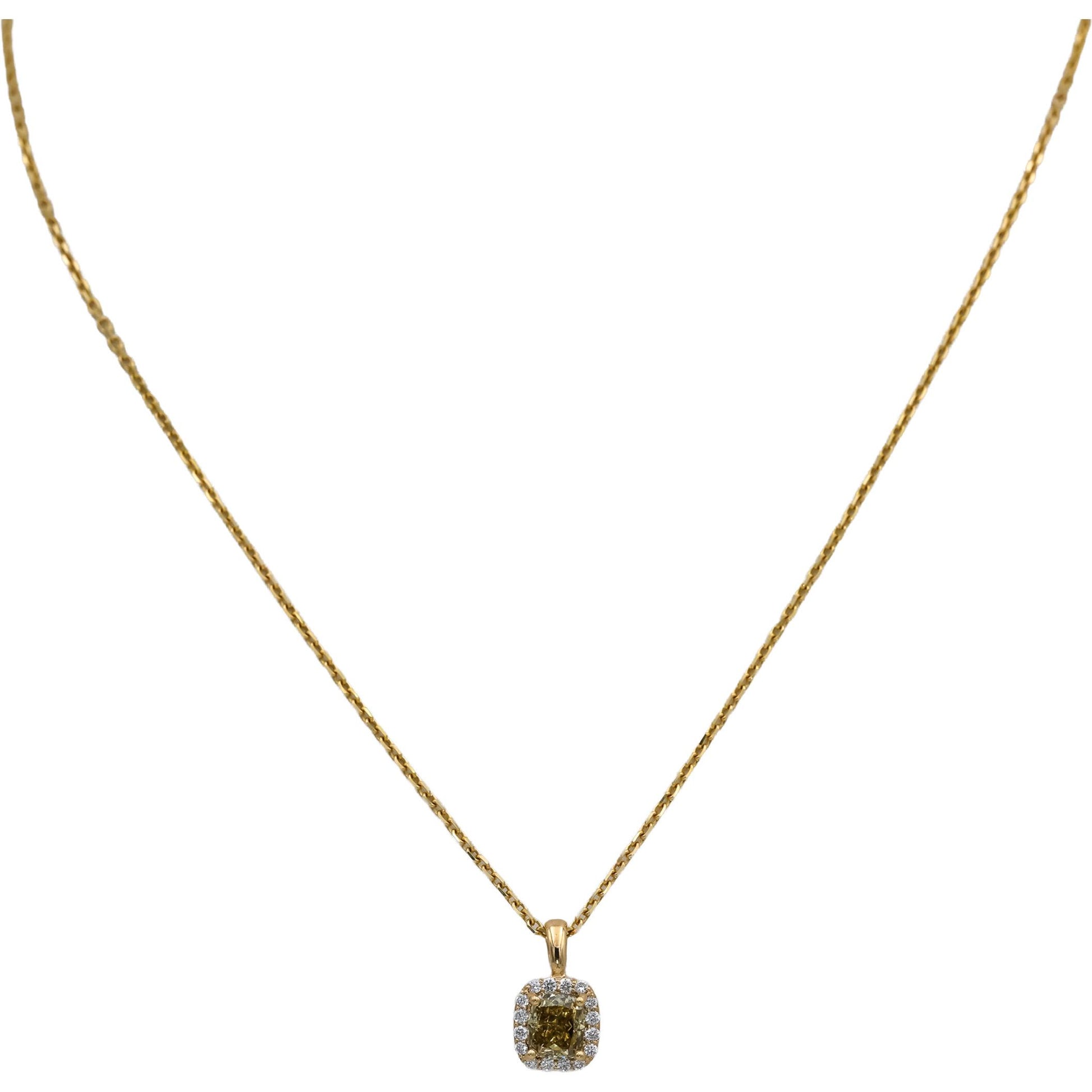 18k & 14k Yellow Gold VS Cushion and Round Diamond Pendant Necklace 1.15CT
