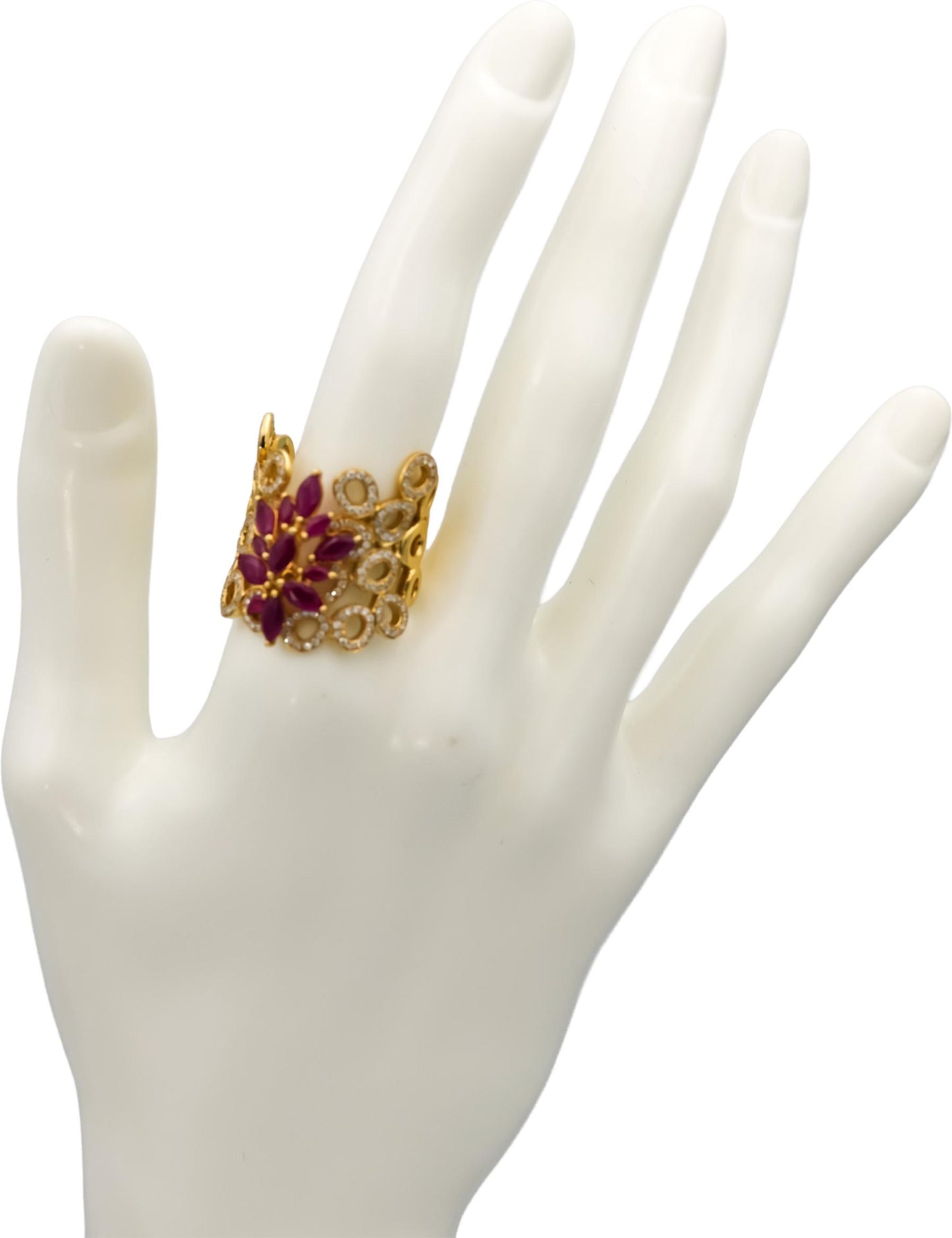 18k Yellow Gold VS Round Diamond Marquise Ruby Floral Cocktail Ring 1.65CT Sz. 7