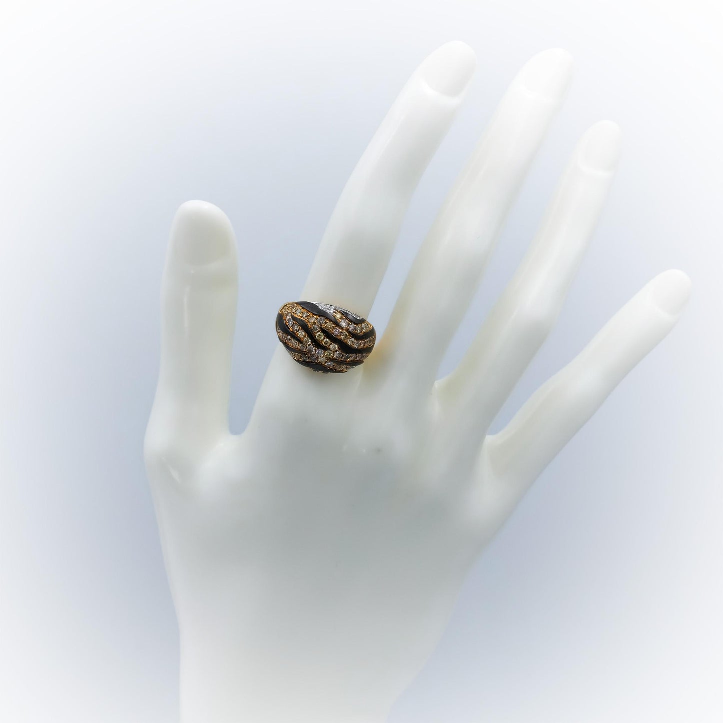 14k Yellow Gold Round Diamond and Enamel Animal Stripe Dome Ring 1.10CT Size 6.5