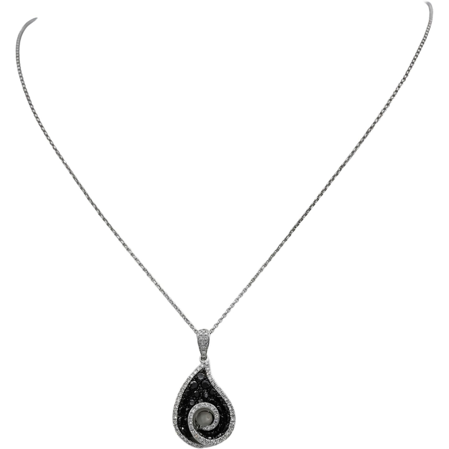 14k White Gold Round White and Black Diamond Spiral Pendant Necklace 0.75CT