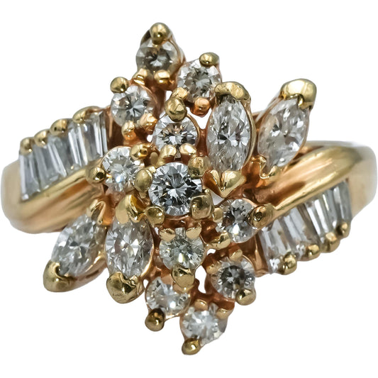 14k Yellow Gold Marquise Baguette Round Diamond Cocktail Ring 1.50CT Size 7