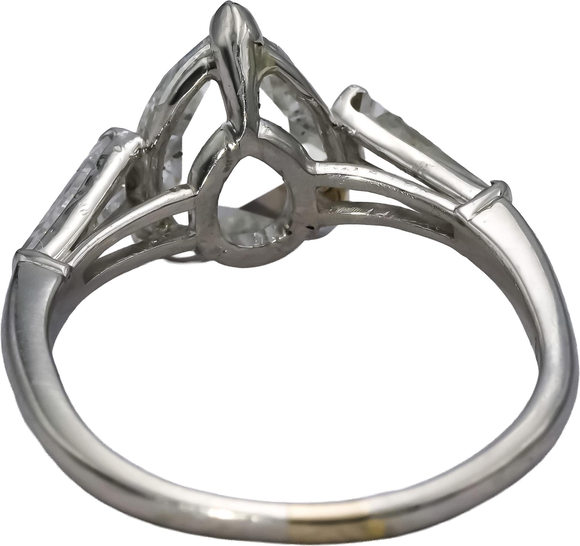 18k White Gold Pear Rose & Baguette Cut Diamond Engagement Ring 1.55CT Size 6