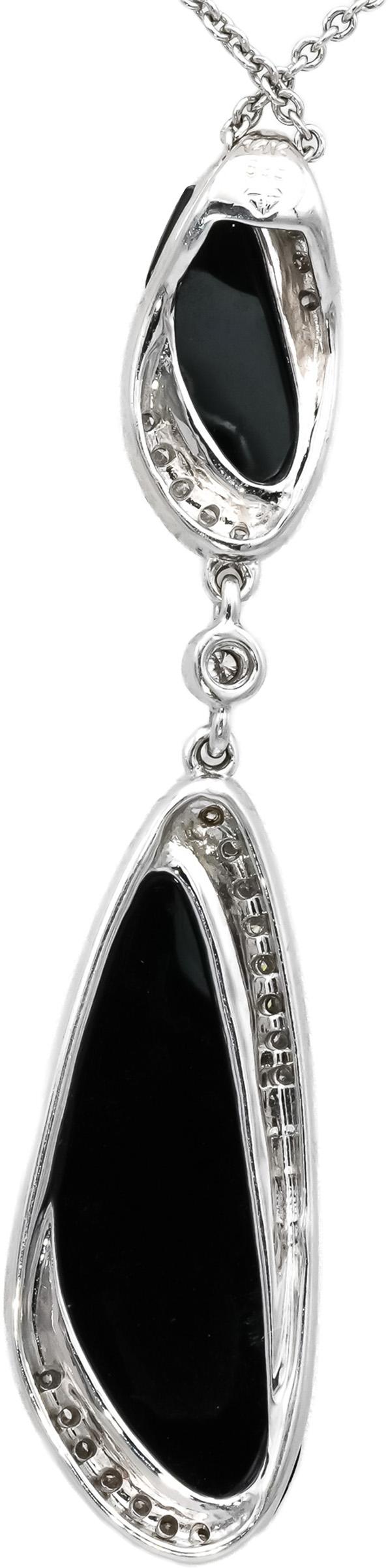 14k White Gold Round Diamond and Onyx Pendant Necklace 0.15CT