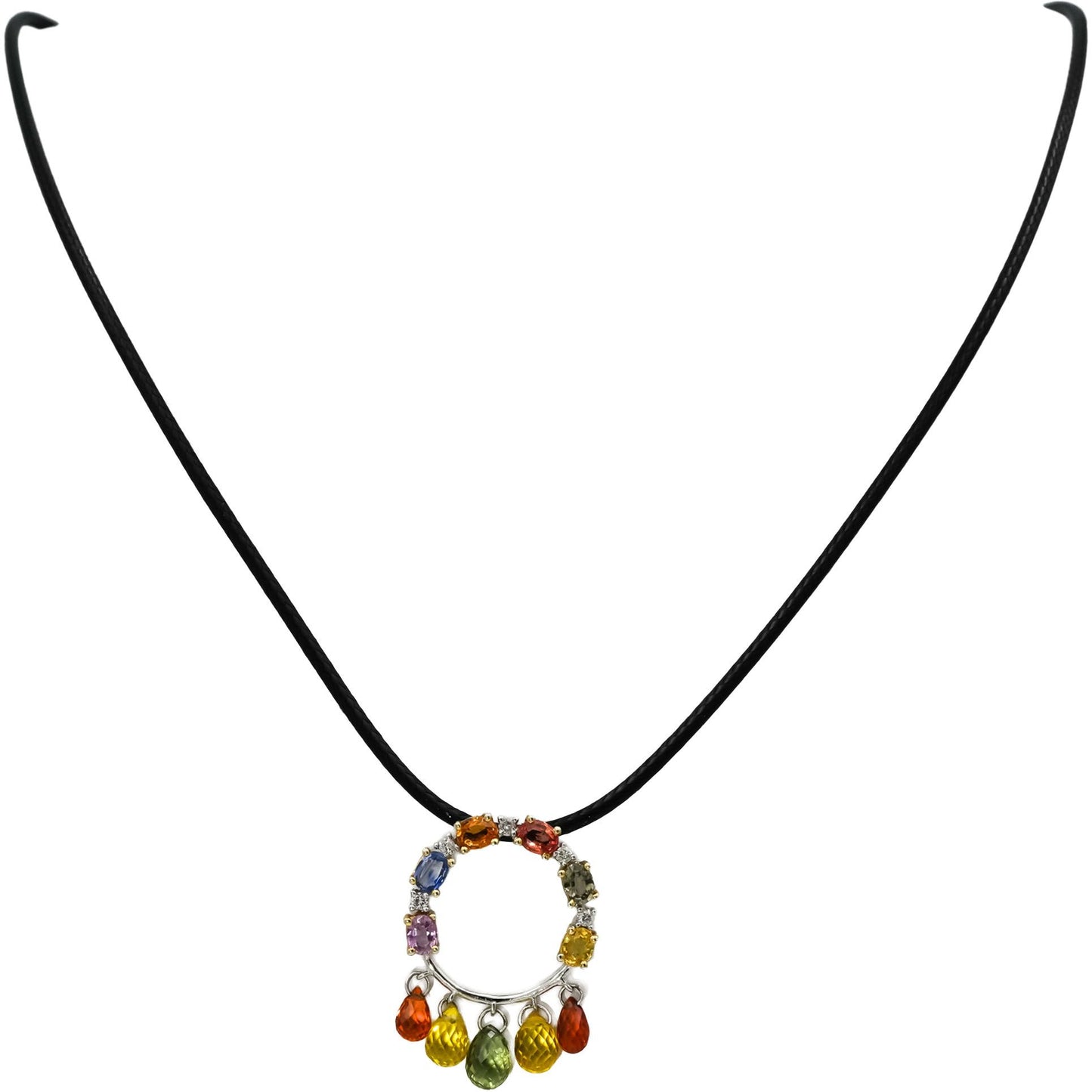 18k White Gold Diamond and Multi Color Sapphire Dangle Pendant Necklace 0.10CT