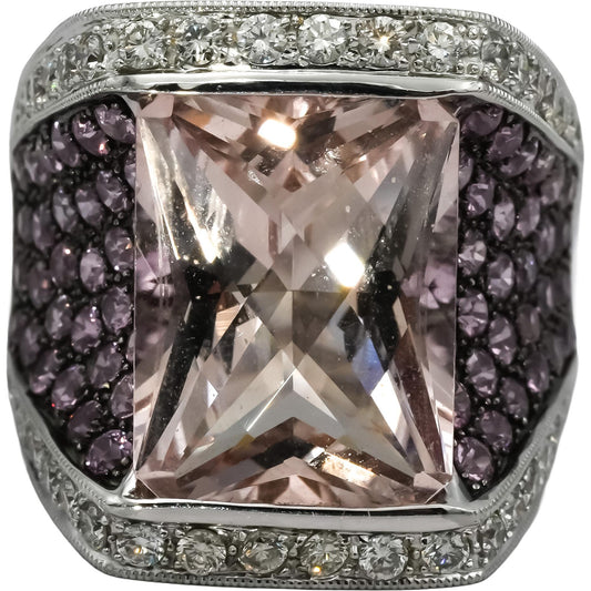 18k White Gold VS Morganite Diamond and Sapphire Cocktail Ring 13.36CT Size 7