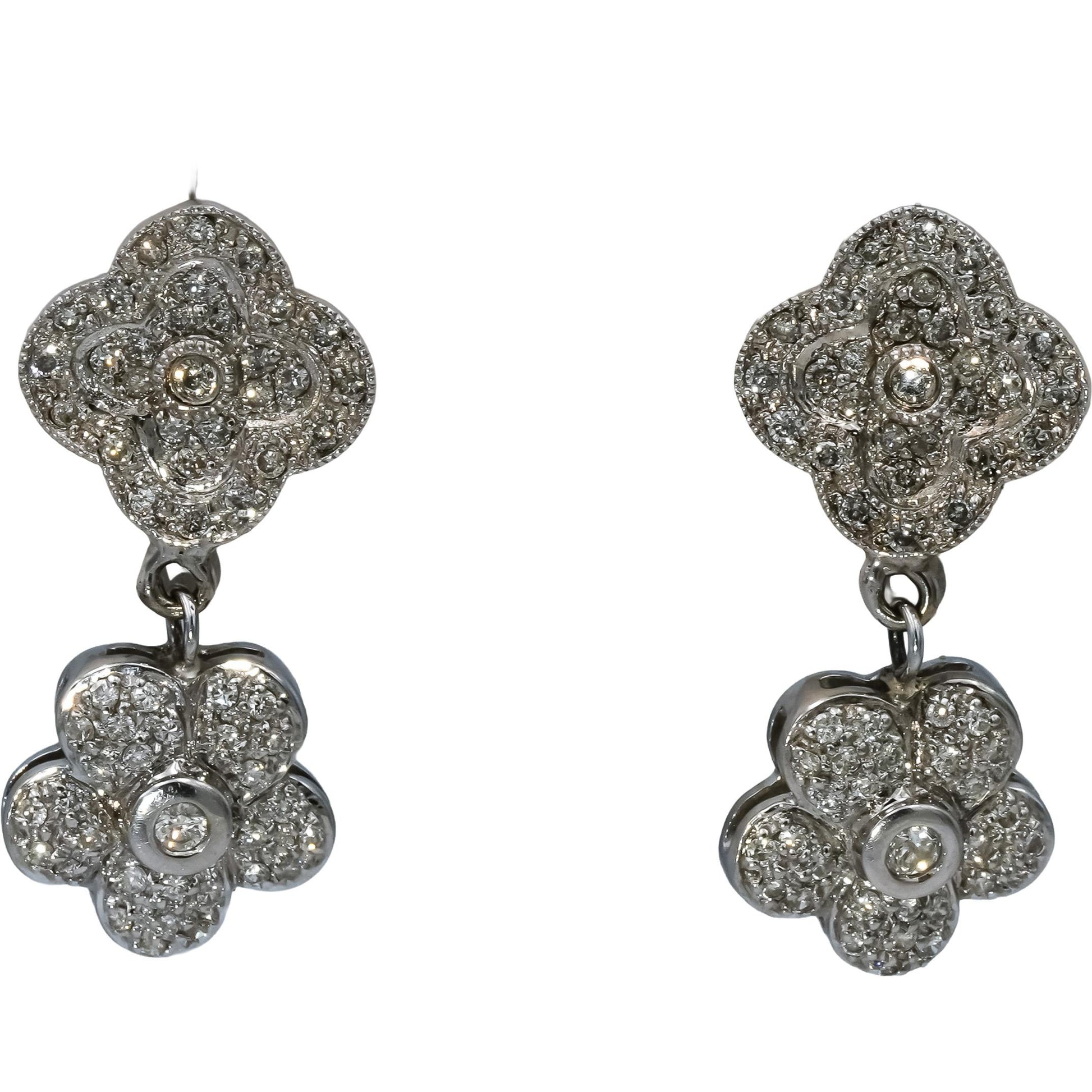 14k White Gold Round Diamond Drop Dangle Flower Earrings 0.55CT