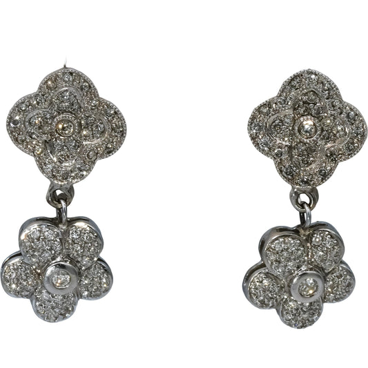 14k White Gold Round Diamond Drop Dangle Flower Earrings 0.55CT
