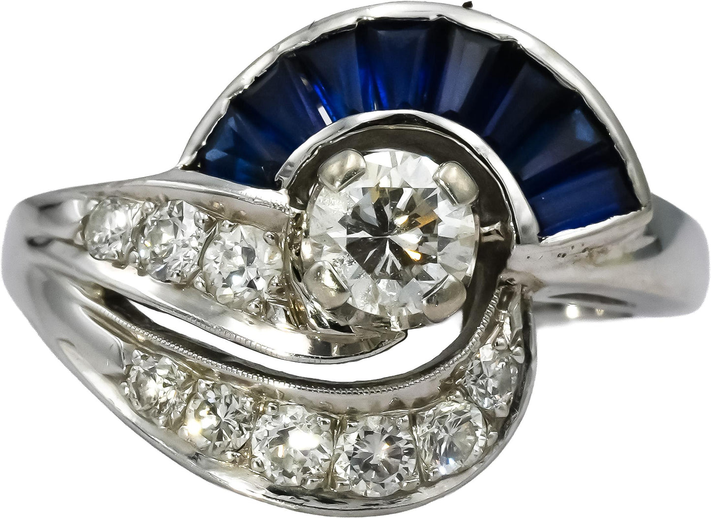 Antique Retro 14k White Gold Diamond and Sapphire Ring 1.20CT Size 5.75