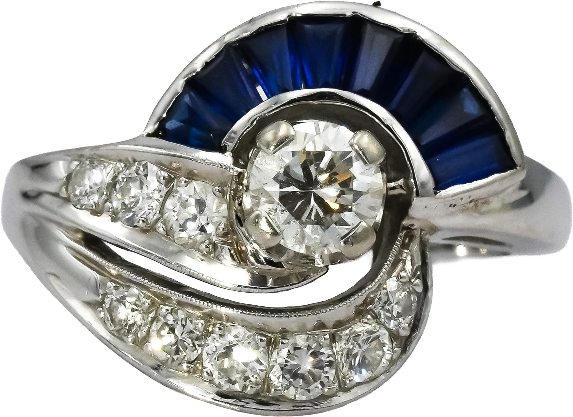 Antique Retro 14k White Gold Diamond and Sapphire Ring 1.20CT Size 5.75