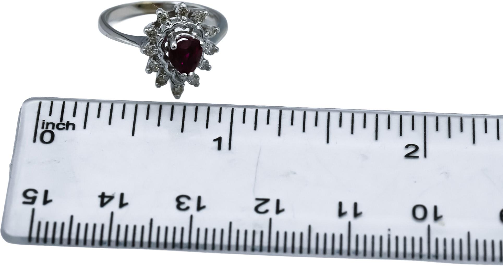 14k White Gold Round Diamond Pear Cut Ruby Cocktail Ring 0.50CT Size 4