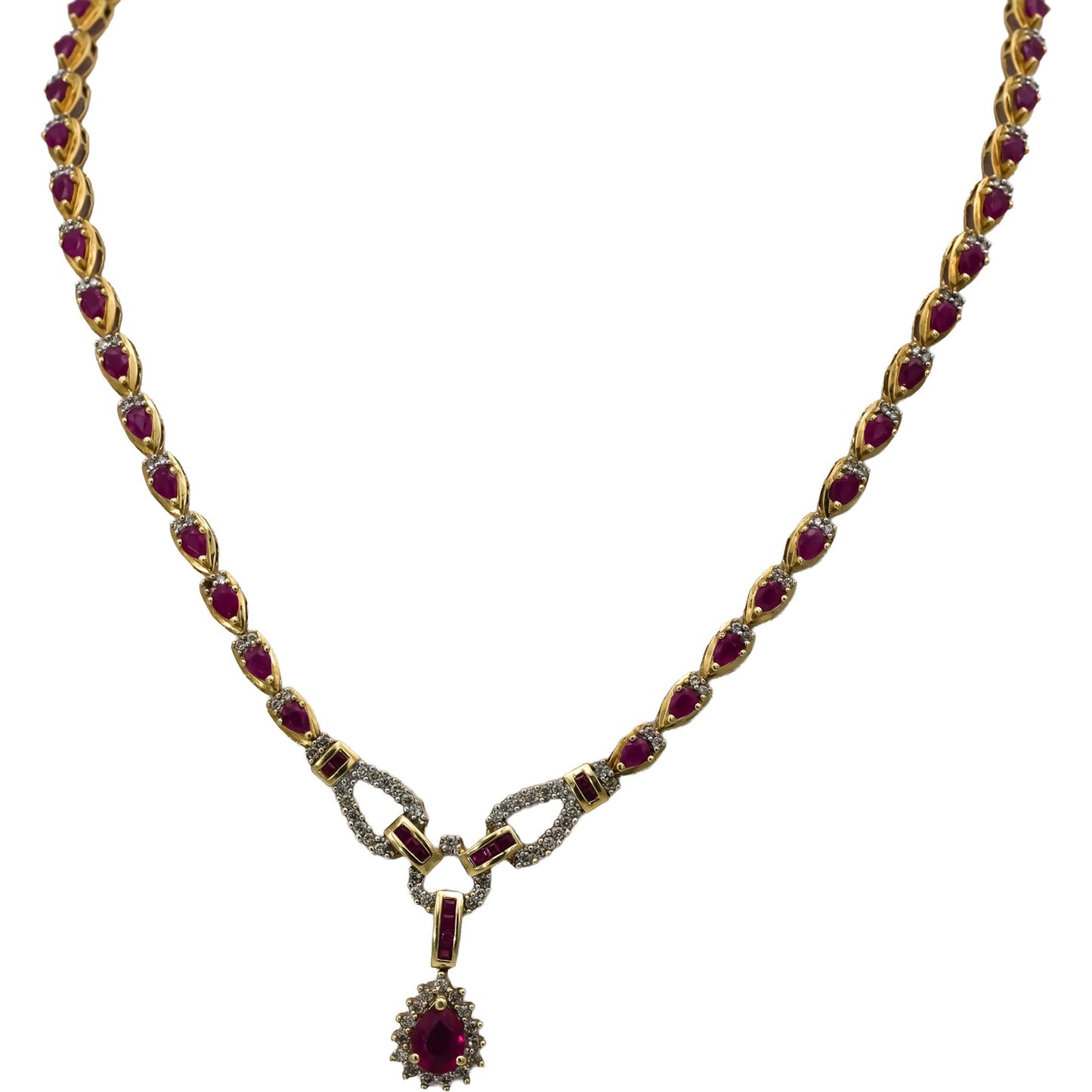 14k Yellow Gold Round Diamond and Pear Cut Ruby Formal Necklace 11.50CT