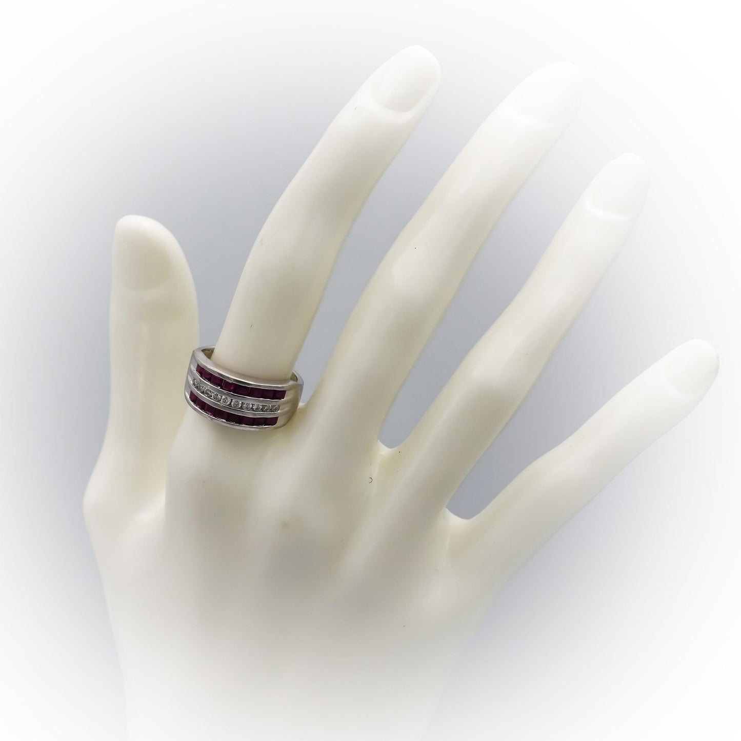 14k White Gold Diamond and Ruby Three Row Band Ring 1.0CT Size 6.75