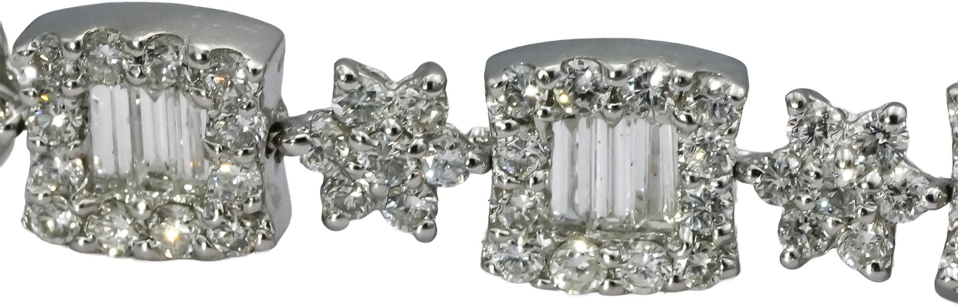 18k White Gold Round and Baguette Cut Diamond Fancy Link Bracelet 4.20CT