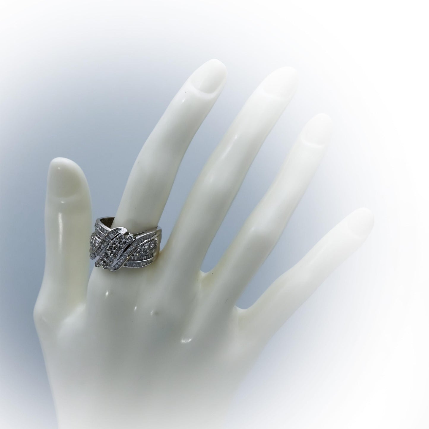 14k White Gold Round and Baguette Cut Diamond Crossover Ring 1.50CT Size 8.75
