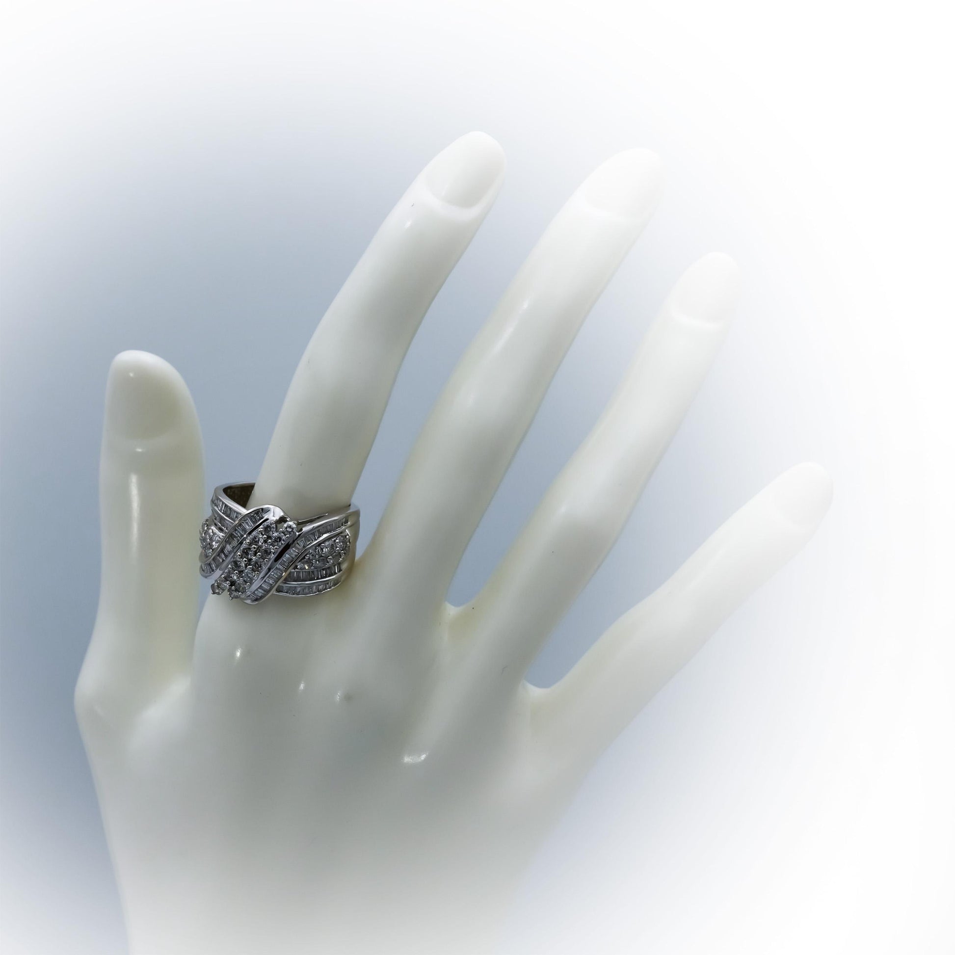 14k White Gold Round and Baguette Cut Diamond Crossover Ring 1.50CT Size 8.75