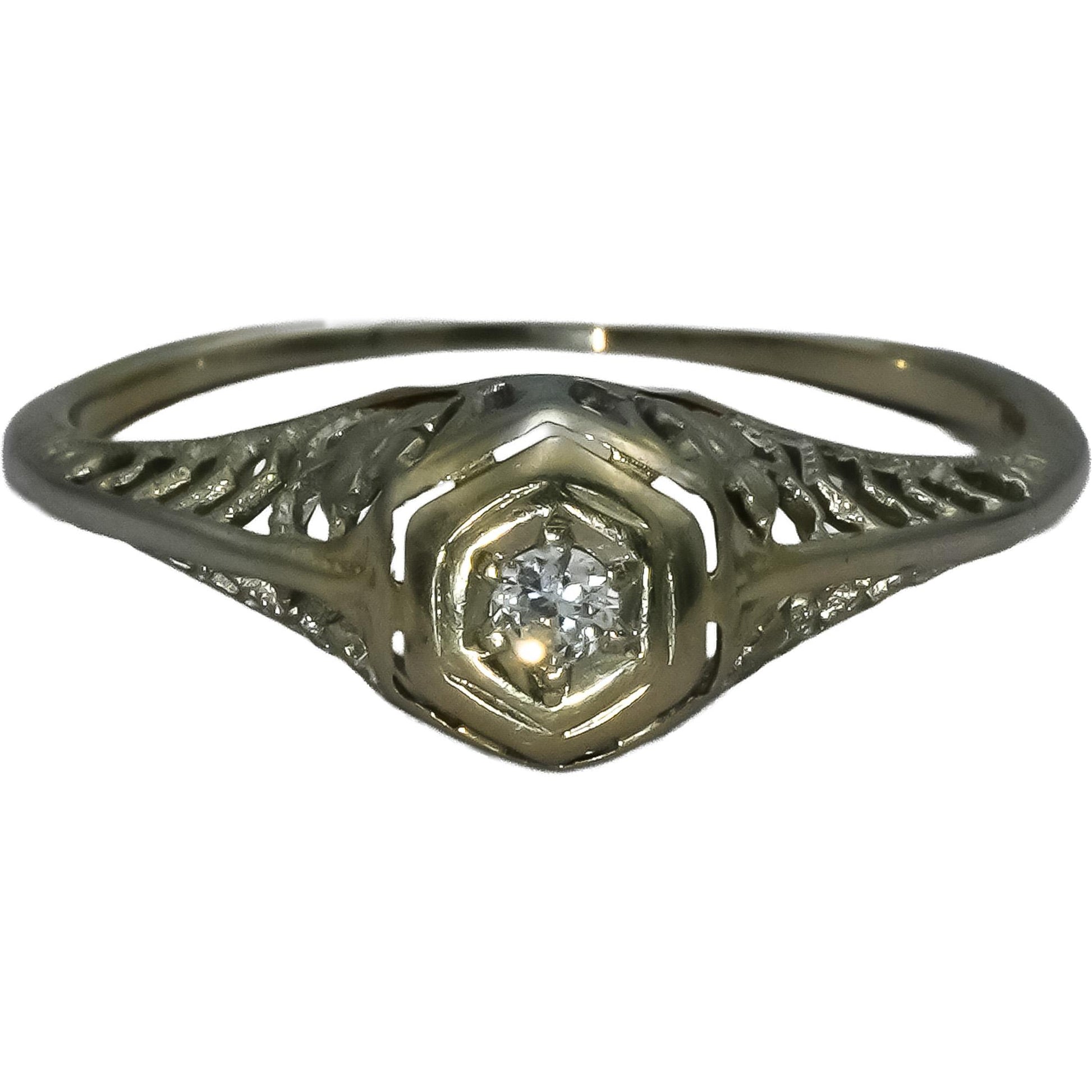 Art Deco Antique Filigree 18k White Gold VS Diamond Solitaire Ring 0.05CT Sz 6.5