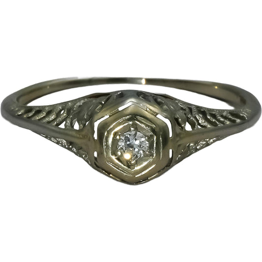 Art Deco Antique Filigree 18k White Gold VS Diamond Solitaire Ring 0.05CT Sz 6.5