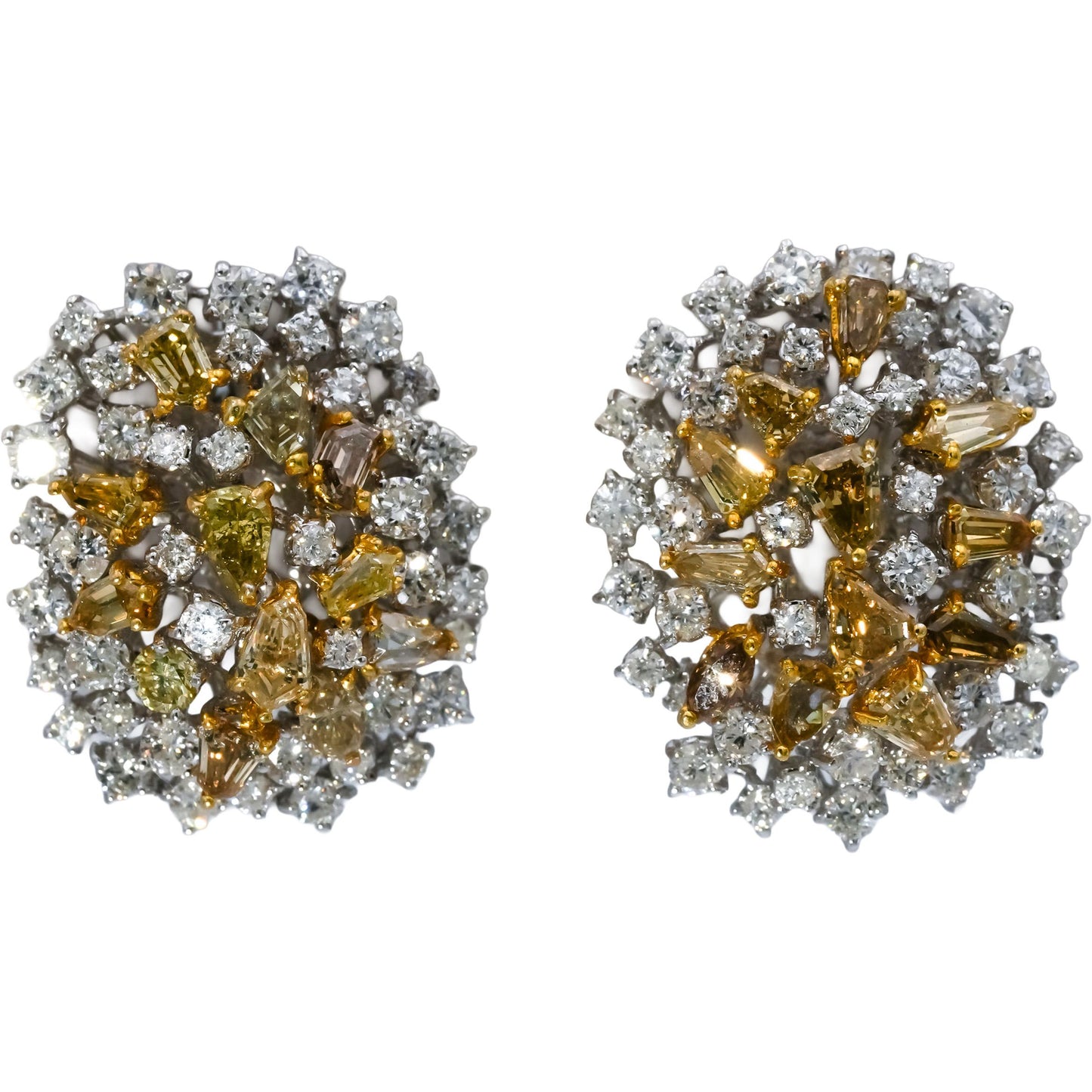 18k White Yellow Gold White and Yellow Diamond Cluster Earrings 4.75CT