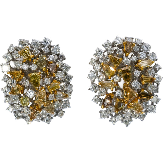 18k White Yellow Gold White and Yellow Diamond Cluster Earrings 4.75CT