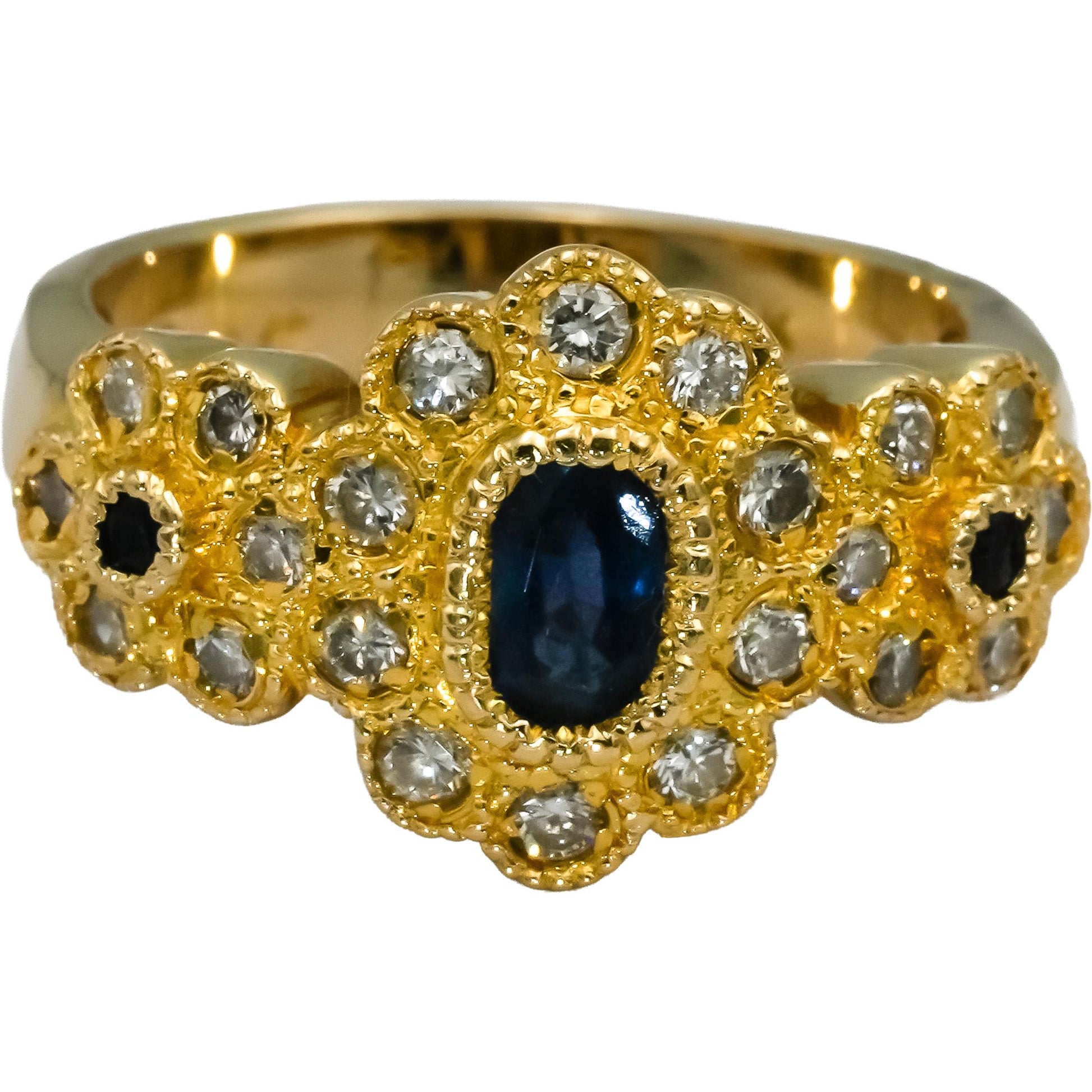 14k Yellow Gold Diamond and Sapphire Floral Cocktail Ring 0.90CT Size 7.5