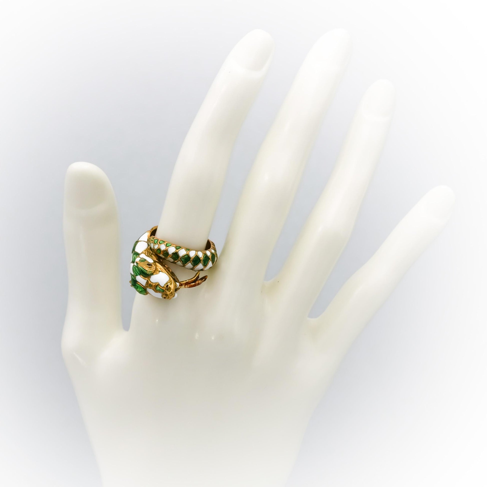 Vintage Antique 18k Yellow Gold White and Green Enamel Snake Ring 7