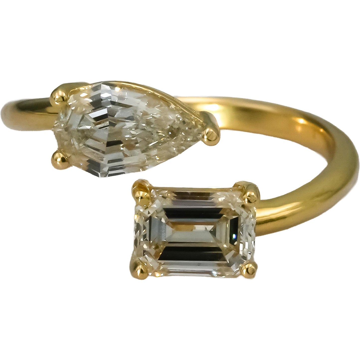18k Yellow Gold Emerald and Pear Step Cut Diamond Bypass Ring 2.01CT Size 6.5