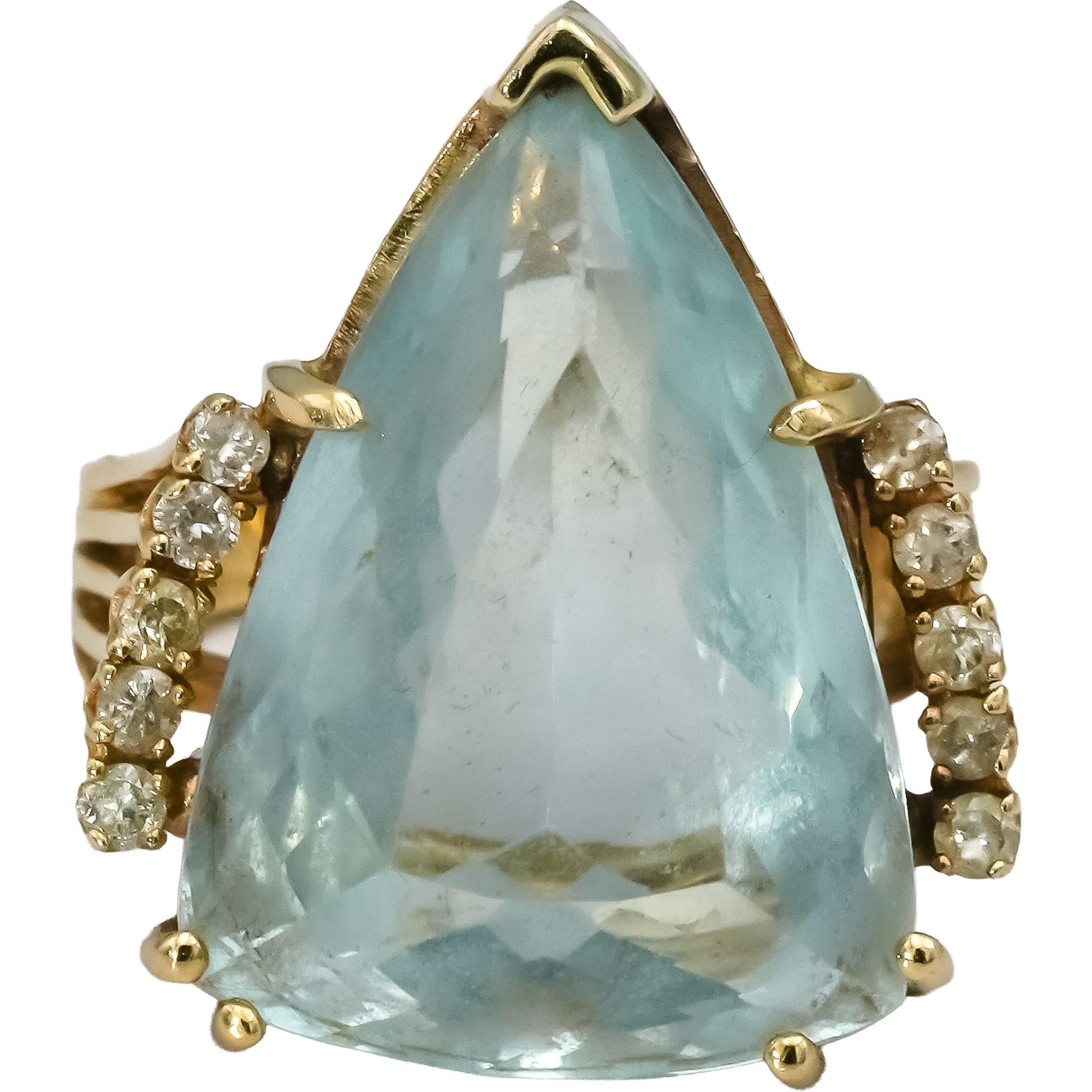 Retro 14k Yellow Gold Aquamarine and Diamond Cocktail Ring 18.33CT Size 6