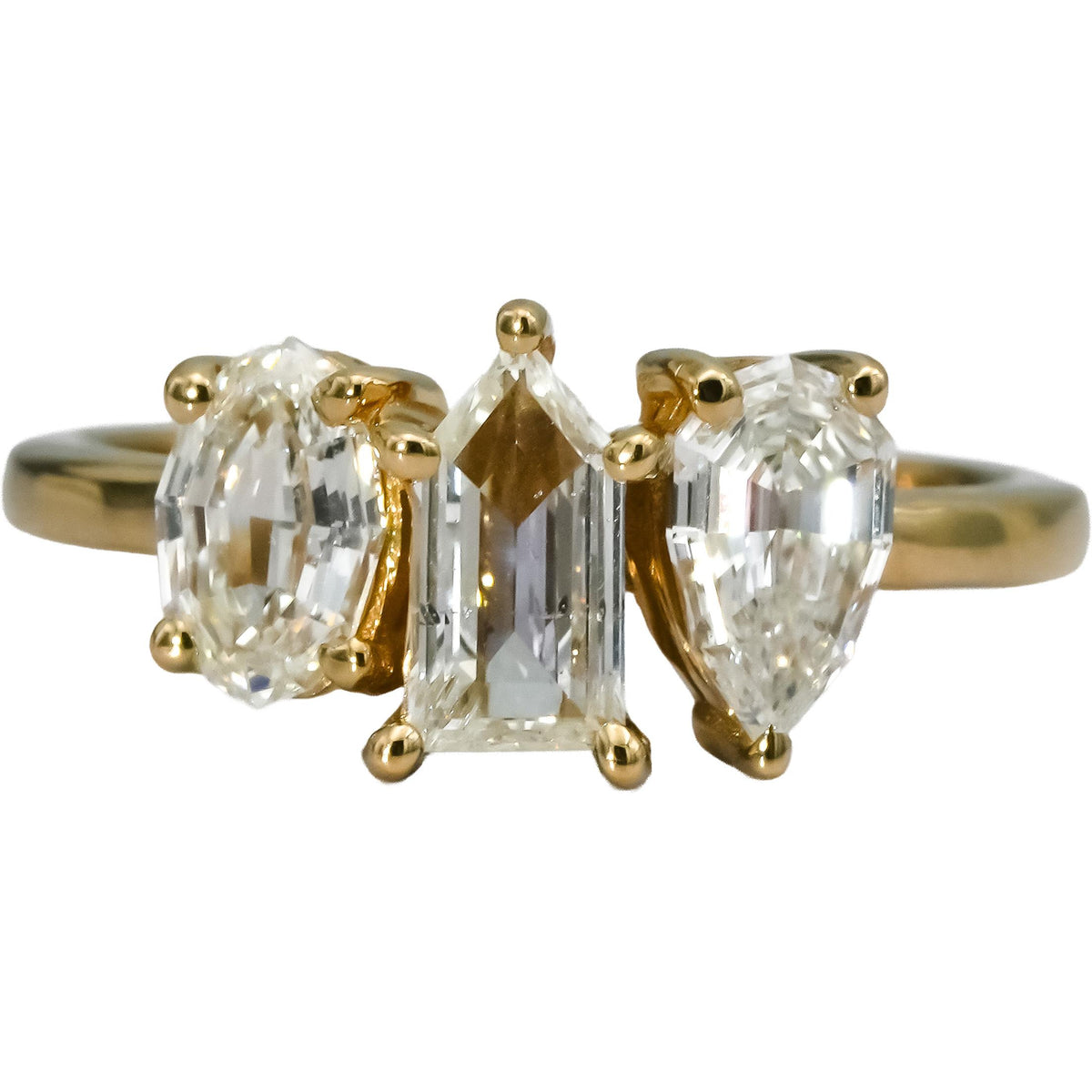 18k Yellow Gold Mixed Cut Natural Diamond Three Stone Ring 1.51CT Size 6.25