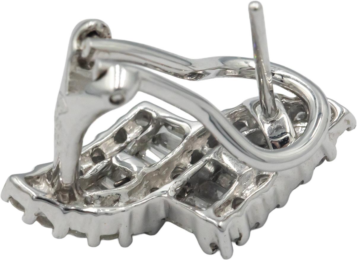 14K White Gold 1.25CT Baguette and Round Diamond Hoop Huggies Earrings