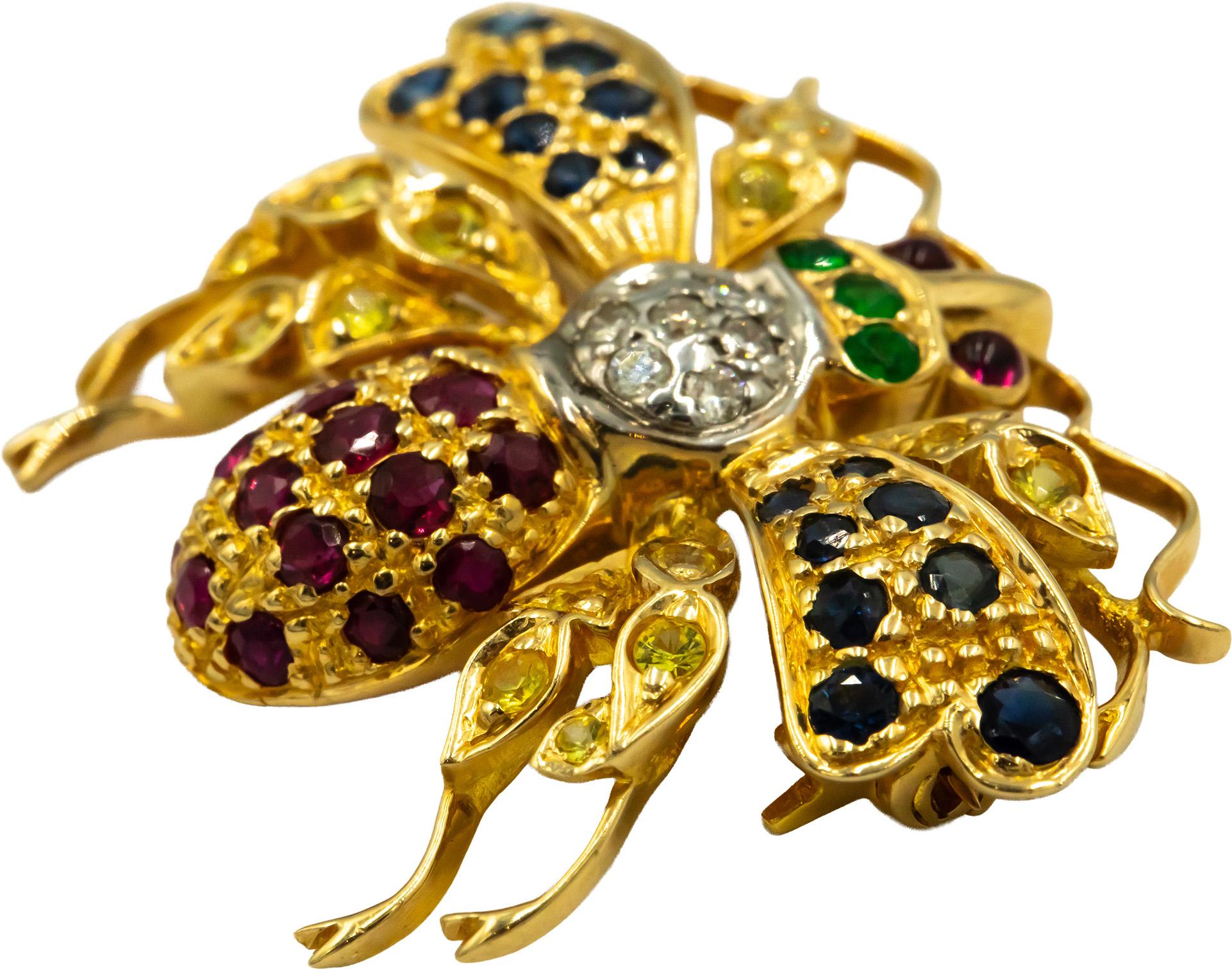 18k Yellow Gold 0.85CT Diamond Sapphire and Emerald Insect Fly Brooch