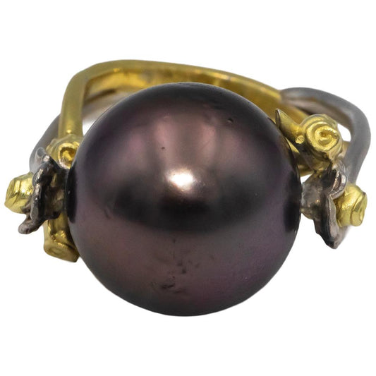 STAMBOLIAN 18k White Yellow Gold 0.03CT Diamond and 14.8mm Pearl Ring Size 4.75