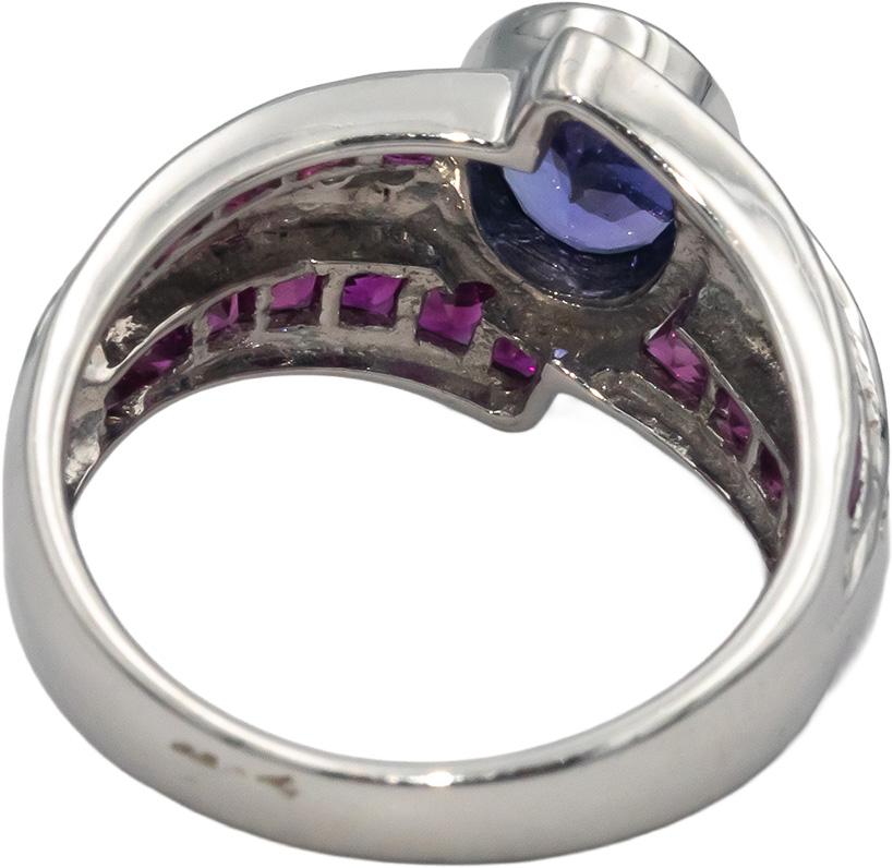 18k White Gold 2.40CT Diamond Tanzanite Ruby Cluster Cocktail Ring Size 7.25