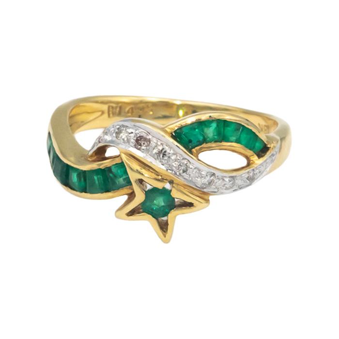 KALATI Designer 18k Gold 0.58CT Diamond and Emerald Star Band Ring Size 5.75