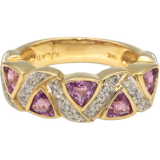 KALATI Designer 14k Yellow Gold 0.90CT Diamond and Pink Sapphire Ring Size 6.75