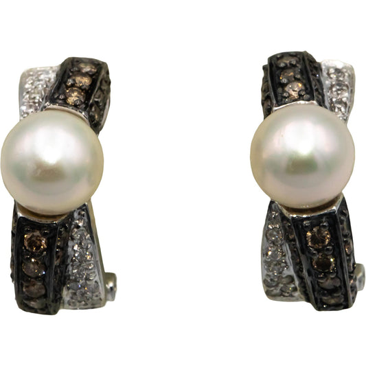 14k White Gold 0.33CT White and Brown Diamond and 7.7mm Pearl Curved Earrings
